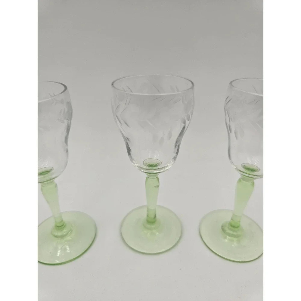 Vintage Uranium Glass Cordials Etched Foliate Design Stemware Set Of 5 Bryce?